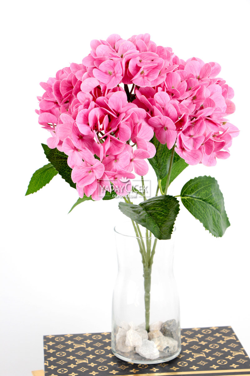Yapay Lüx 5 Dallı Islak Ortanca Demeti 45 Cm Koyu Pembe