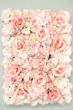 Yapay Çiçek Deposu - Yapay Lüx Duvar Çiçeği Ortanca ve Gül Zemin Kaplama Duvarı 40x60 cm Pudra Pembe