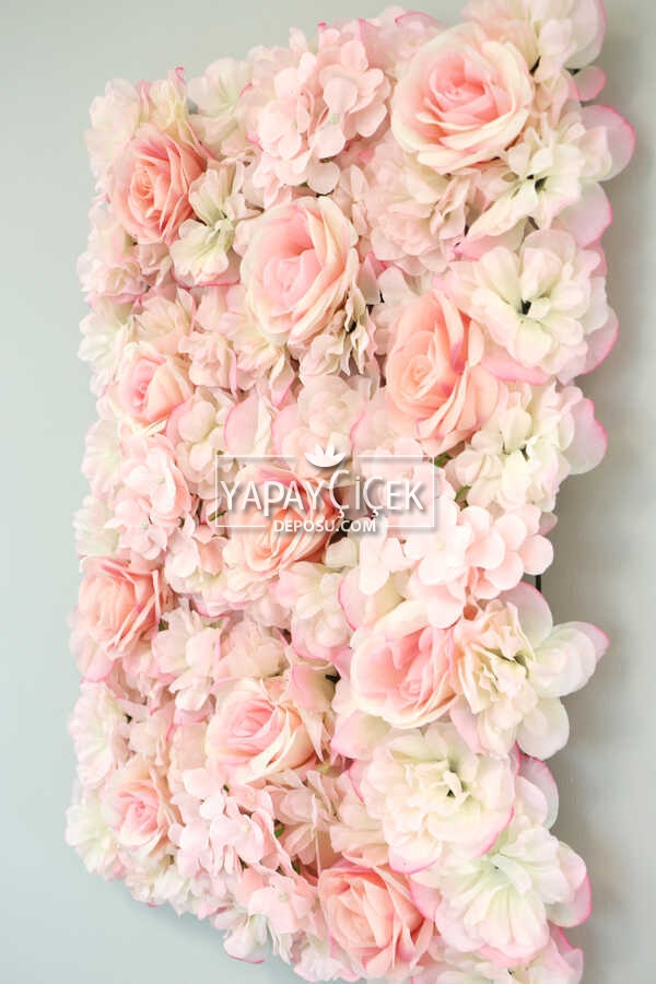Yapay Lüx Duvar Çiçeği Ortanca ve Gül Zemin Kaplama Duvarı 40x60 cm Pudra Pembe
