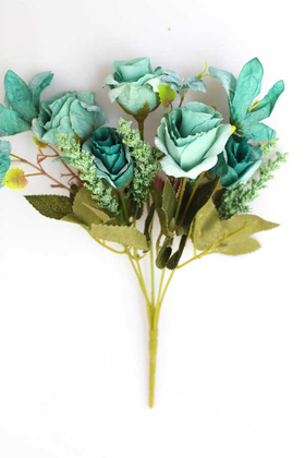Yapay Çiçek Deposu - Yapay Gül Demeti Kısa Tip 30 cm Petrol Yeşili