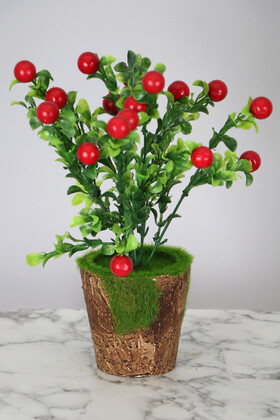 Yapay Çiçek Deposu - Dekoratif Yosunlu Saksıda Yapay Kiraz Demeti 30 cm