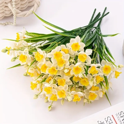 Yapay 15li Nergis Çiçeği Demeti Islak Dokulu 35 cm Beyaz - 7