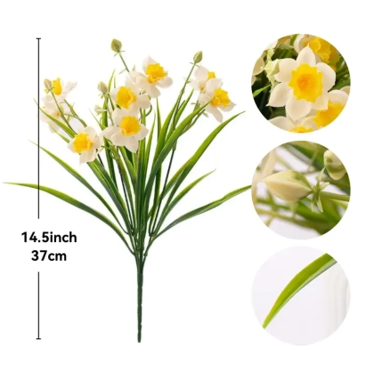 Yapay 15li Nergis Çiçeği Demeti Islak Dokulu 35 cm Beyaz - 8