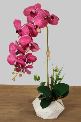 Yapay Çiçek Deposu - Beton Saksıda Yapay Baskılı Islak Orkide 55 cm Mürdüm