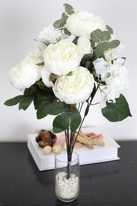 Yapay Çiçek Deposu - Gonca Güllü 11 Dal Lüx İncili Gül-Ortanca-Okaliptus Aranjmanı 50 cm Beyaz