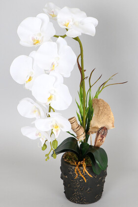 Yapay Çiçek Deposu - Vintage Kabartmalı Saksıda Islak Etli Dokuda Yapay Orkide 55 cm Beyaz