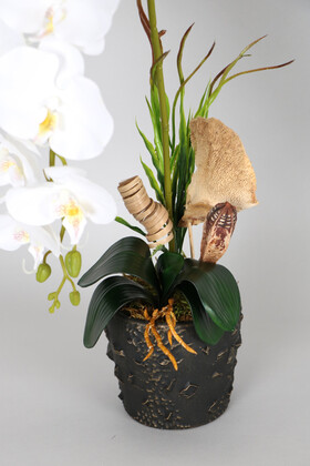 Vintage Kabartmalı Saksıda Islak Etli Dokuda Yapay Orkide 55 cm Beyaz - Thumbnail