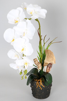 Vintage Kabartmalı Saksıda Islak Etli Dokuda Yapay Orkide 55 cm Beyaz - Thumbnail