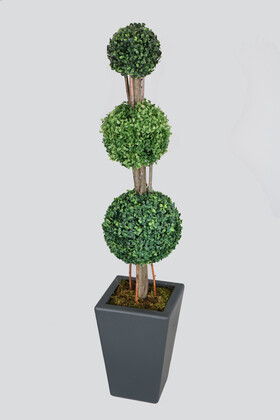 Yapay Çiçek Deposu - Yapay 3 Katlı Top Şimşir Ağacı 130 cm Lüx Ahşap Saksılı