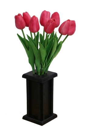 Ahşap Vazoda 8li Islak Lale Demeti Canlı Pembe 32 cm - Yapay Çiçek Deposu