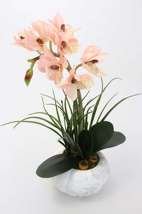 Yapay Çiçek Deposu - Yapay Tropikal Orkide Tanzimi Islak Dokuda Beton Saksılı Toz Pembe