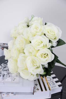 Yapay Çiçek Deposu - Yapay 18li Büyük Gül Demeti 40 cm Beyaz