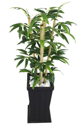 Yapay Çiçek Deposu - Yapay Yapraklı Ahşap Saksıda Bambu Ağacı Tanzim 5 Gövdeli 130 cm