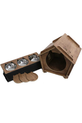 Yapay Çiçek Deposu - Dekoratif Ahşap Kedi Evi Model 1 Ve Mama Kabı Set