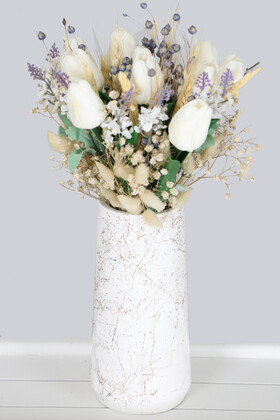 Yapay Çiçek Deposu - Mermer Desenli Lüks Beyaz Vazoda Yapay Çiçek Lale Tanzimi 35 cm Tarda