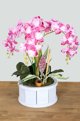 Yapay Çiçek Deposu - Oval Renkli Ahşap Saksıda 3 Dal Egzotik Orkide Aranjmanı 55 cm Fuşya Çizgili