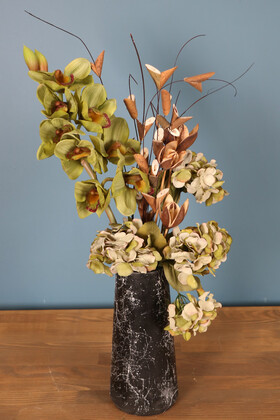 Yapay Çiçek Deposu - Mermer Desenli Lüks Vazoda Yapay Ortanca Orkide Çiçeği 70 cm Tropikal